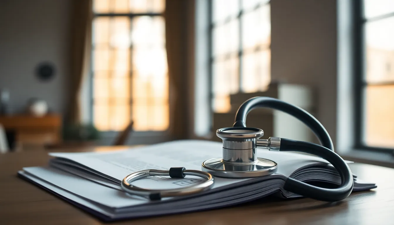 This image features a close-up of a stethoscope elegantly resting on an open patient file, bathed in soft, diffused natural light. The calming, muted earth tones evoke a sense of professionalism and care in a healthcare setting. The shallow depth of field draws attention to the stethoscope while the background gently fades, creating a soothing atmosphere ideal for healthcare themes.