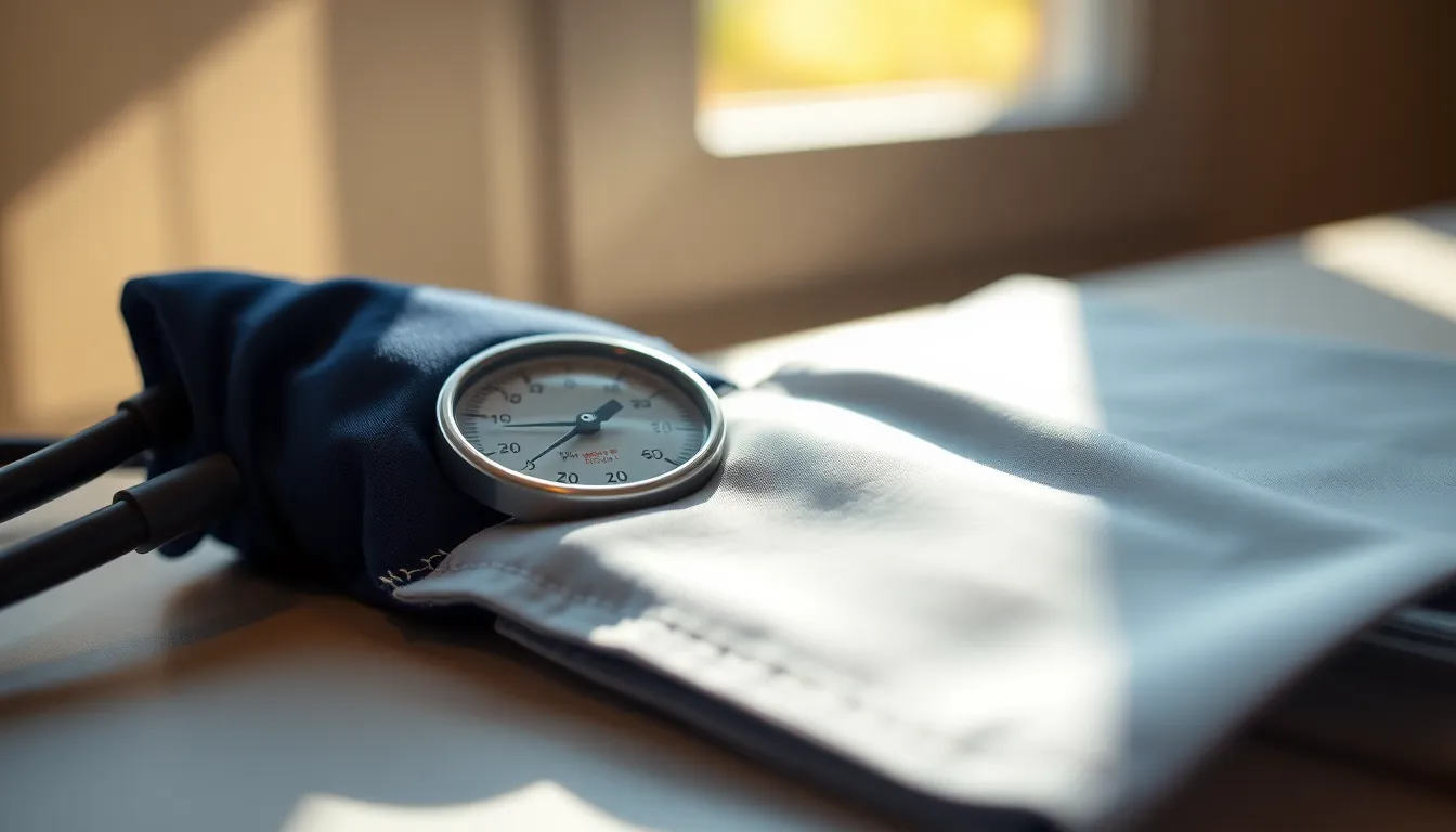 Close-Up of Blood Pressure Cuff and Monitor An intimate close-up of a blood pressure cuff alongside its monitor, showcasing the intricate details of the fabric and metallic components. Illuminated by soft morning light, this photograph captures the essential tools of healthcare with striking clarity. The vibrant colors from the monitor stand out against a muted backdrop, creating a visually engaging image perfect for educational materials or health articles.