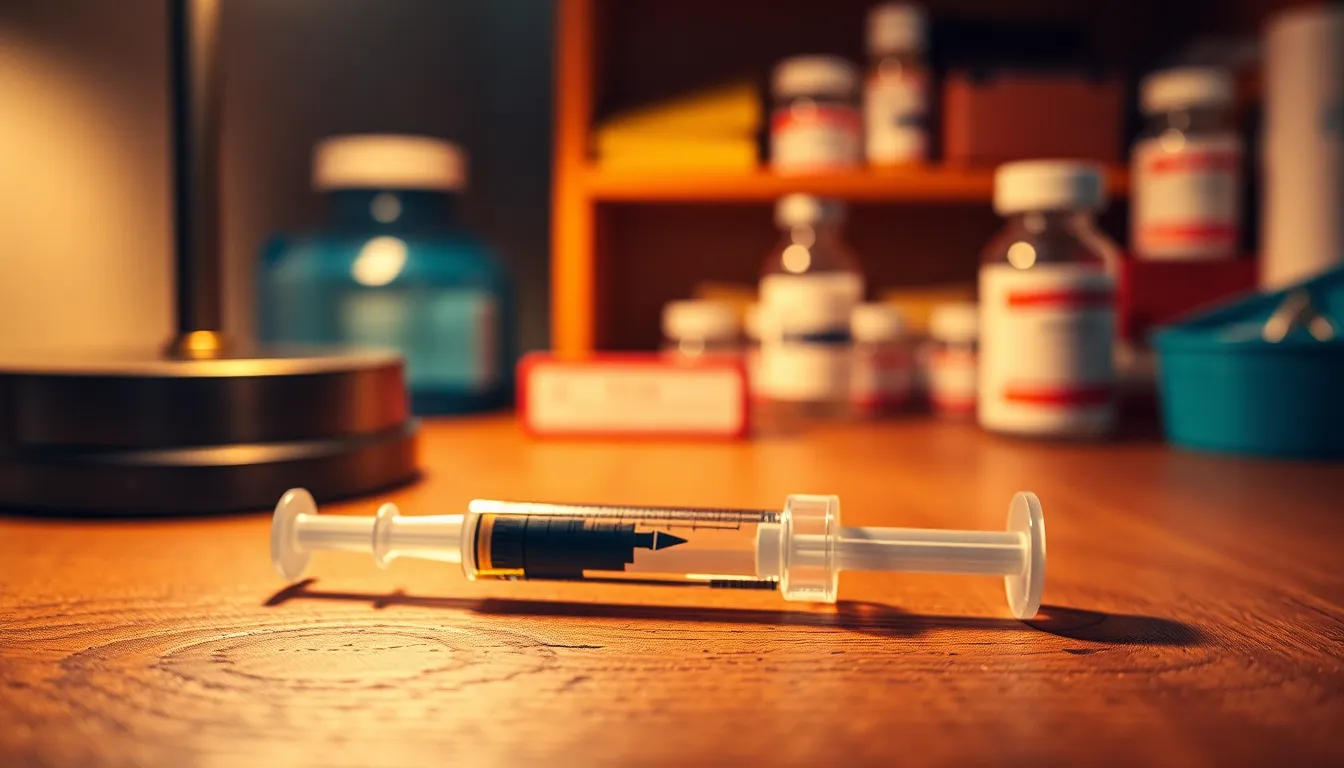 Focusing on the delicate details of a syringe and vials, this image captures the essence of medical preparation on a textured wooden surface. The warm tungsten lighting creates a cozy atmosphere, inviting viewers into the scene. With a shallow depth of field, the background subtly fades, emphasizing the essential equipment in a healthcare context.