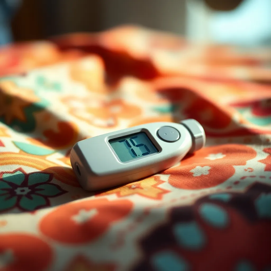 A close-up shot of a sleek digital thermometer rests on a vibrant, patterned fabric surface, illuminated by diffused afternoon light. The warm tones and soft background created by a shallow depth of field enhance the inviting mood of the scene. The Kodak Portra 400 color palette enriches the colors, showcasing the product's modern design while creating a strong focal point in the composition.