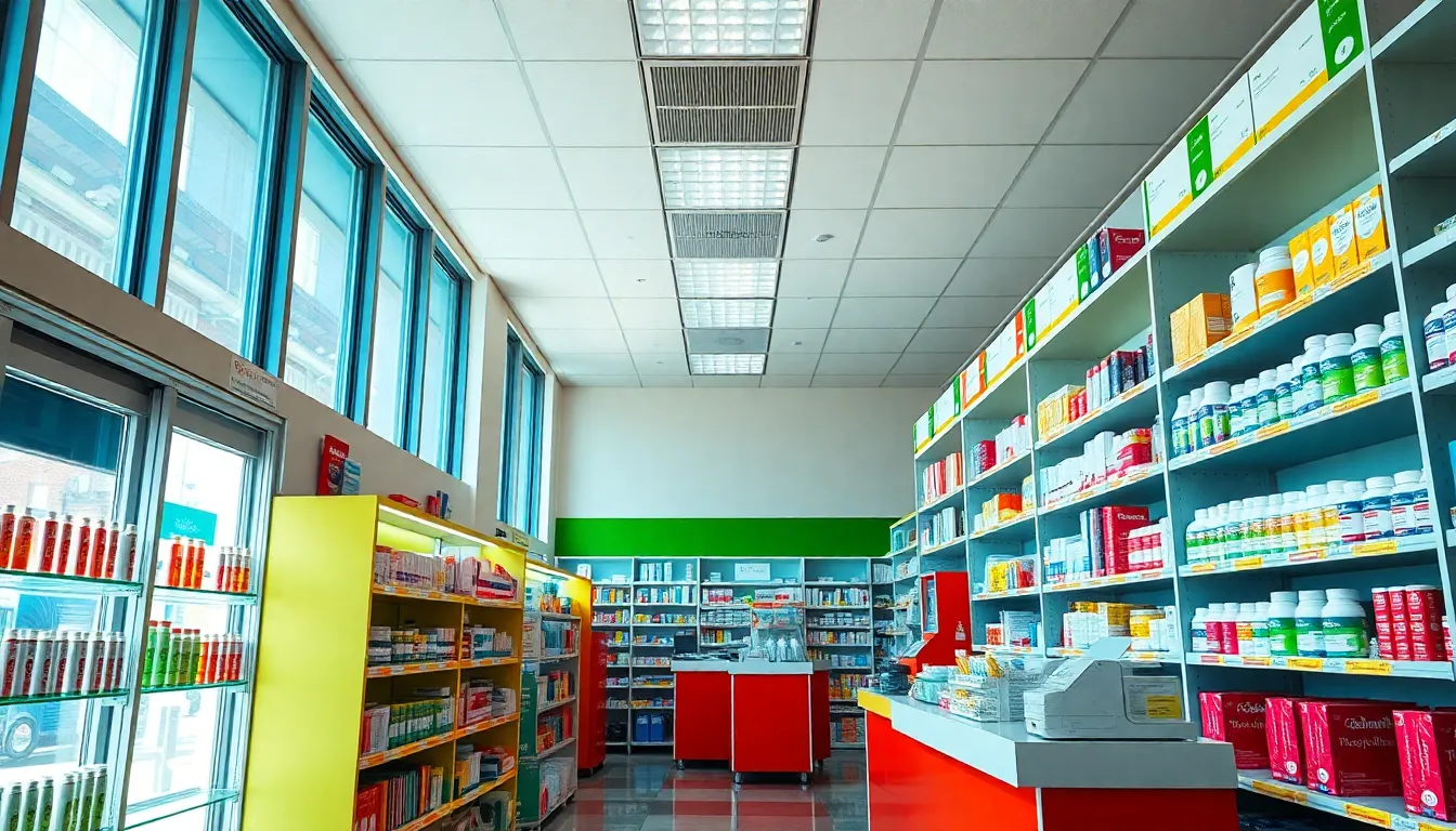 This dynamic image features a bustling pharmacy interior filled with colorful medication displays and products. Bright, diffused daylight floods the space, enhancing the vibrant greens, yellows, and reds that create an engaging atmosphere for customers. With everything in focus, the composition expertly employs leading lines from the shelves to guide the viewer through the lively environment. The inviting scene captures the essence of modern healthcare retail, offering a glimpse into the experience of pharmacy shopping.