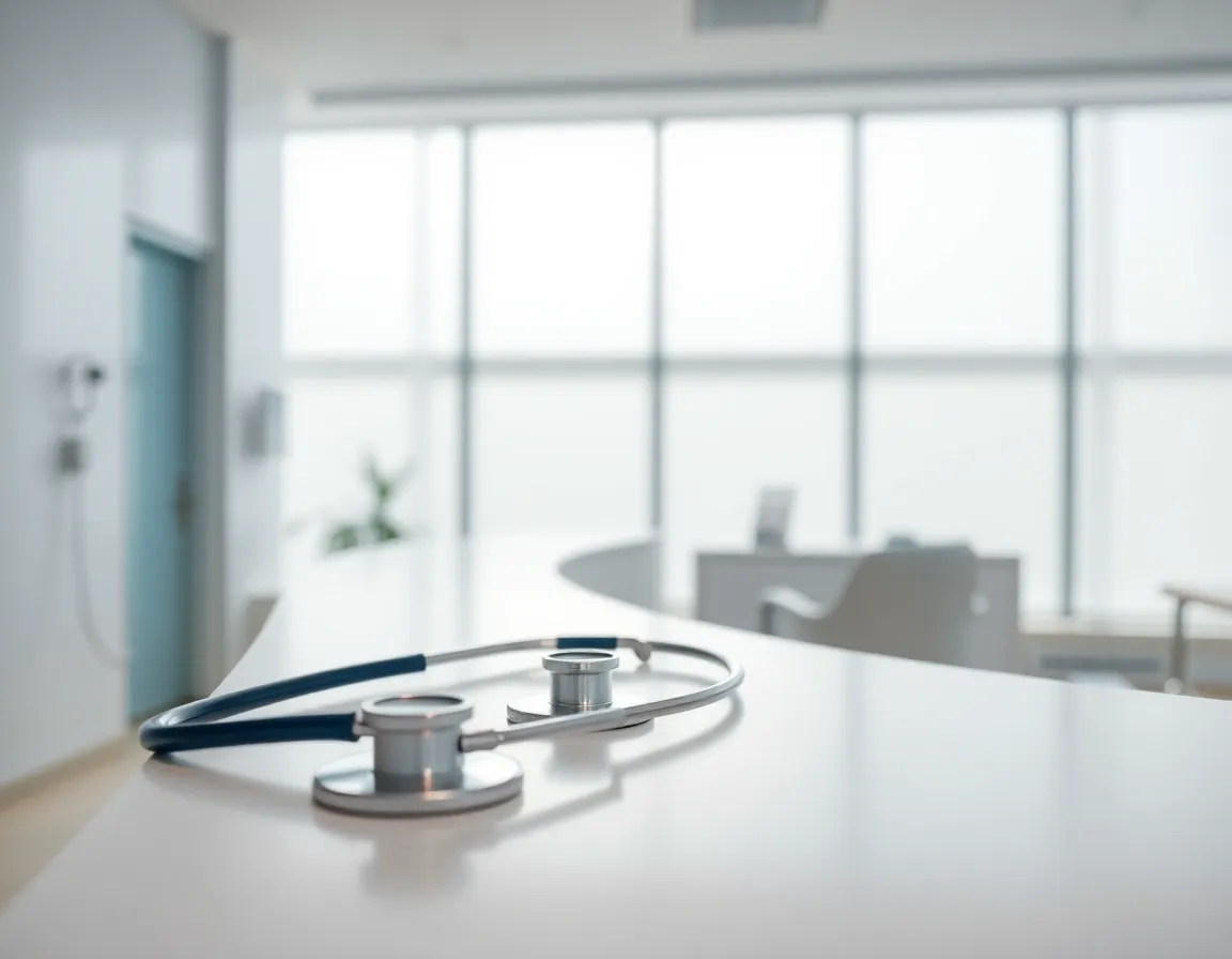 This image captures a close-up of a stethoscope on a pristine white countertop in a modern clinic. Soft diffused daylight streams through large windows, creating a calm and professional atmosphere. The shallow depth of field beautifully isolates the stethoscope while providing a backdrop of blurred clinical tools. The cool color palette enhances the sense of cleanliness and precision in healthcare.