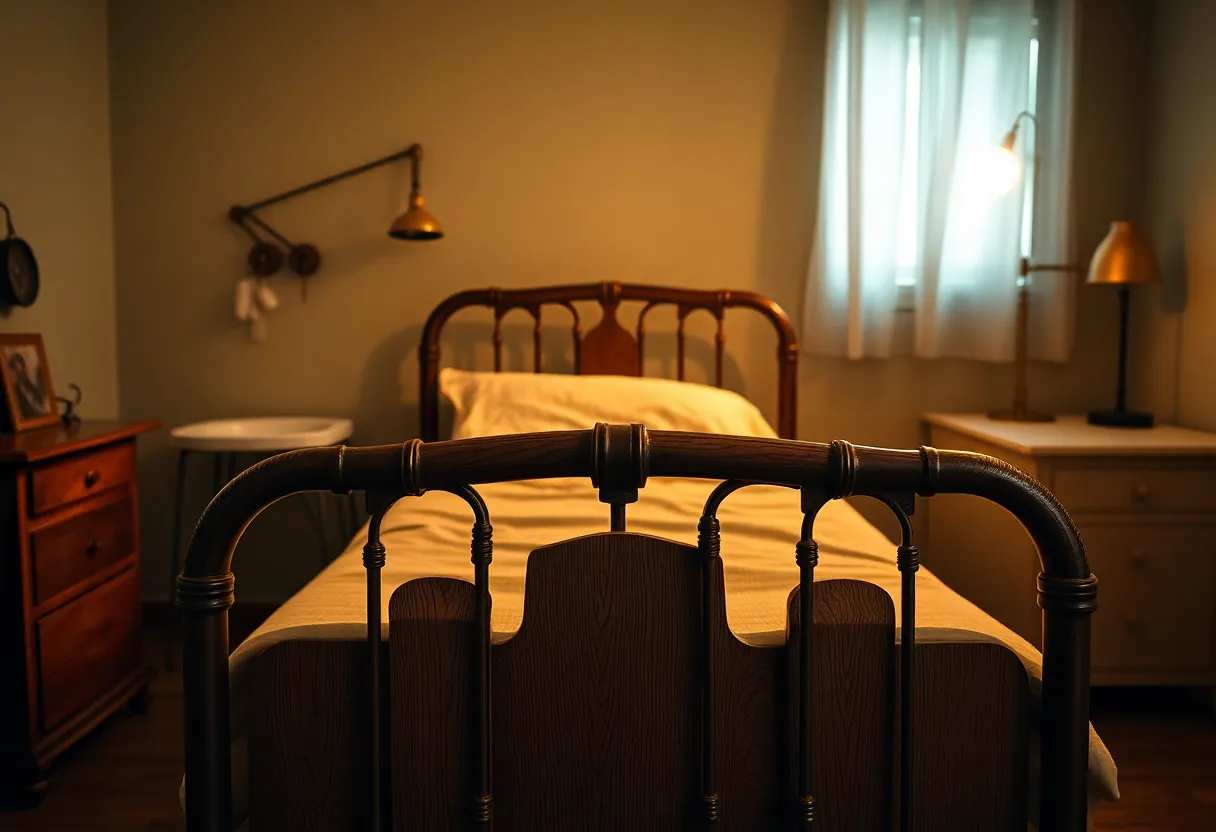 This image features a vintage hospital room with an ornate wooden hospital bed, surrounded by classic medical instruments. Warm tungsten lighting creates a cozy, nostalgic ambiance, emphasizing the rich textures of the wood and metal. The scene is captured in sharp detail, ensuring that every element contributes to an authentic vintage healthcare setting. The muted colors and meticulous composition draw the viewer into the historical significance of the equipment.