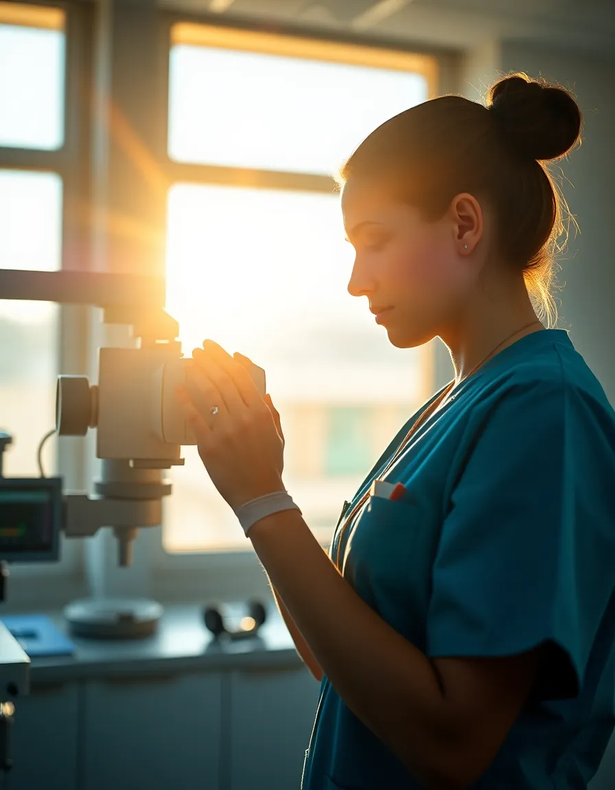 This image showcases a beautifully arranged blood pressure monitor on a polished wooden desk illuminated by warm tungsten light. The subtle glow creates a calming and inviting mood, perfect for a healthcare setting. The shallow depth of field emphasizes the intricate details of the monitor while the natural wood texture adds an element of warmth and authenticity to the scene.