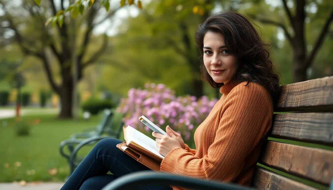 In this image, a person sits quietly on a park bench, engaged in reflective journaling. The soft overcast light creates a soothing ambiance, as the subject immerses in thoughts, surrounded by nature. The tranquil color palette of muted greens and browns complements the serene setting, while the textures of the wooden bench contrast beautifully with the smooth journal. This scene evokes a sense of peace and introspection.