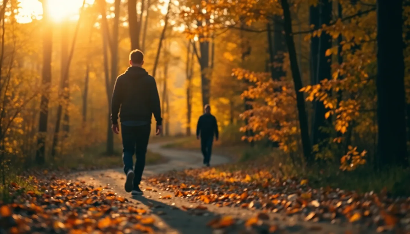 This image portrays a solitary figure walking a winding path through a stunning autumn forest. The golden hour backlighting creates a warm glow, highlighting the vibrant colors of the fall foliage. The soft bokeh effect adds to the sense of tranquility and reflection, inviting viewers to immerse themselves in the peaceful setting. The rich textures of fallen leaves invite contemplation of the beauty and impermanence of nature, resonating deeply with themes of mental health.
