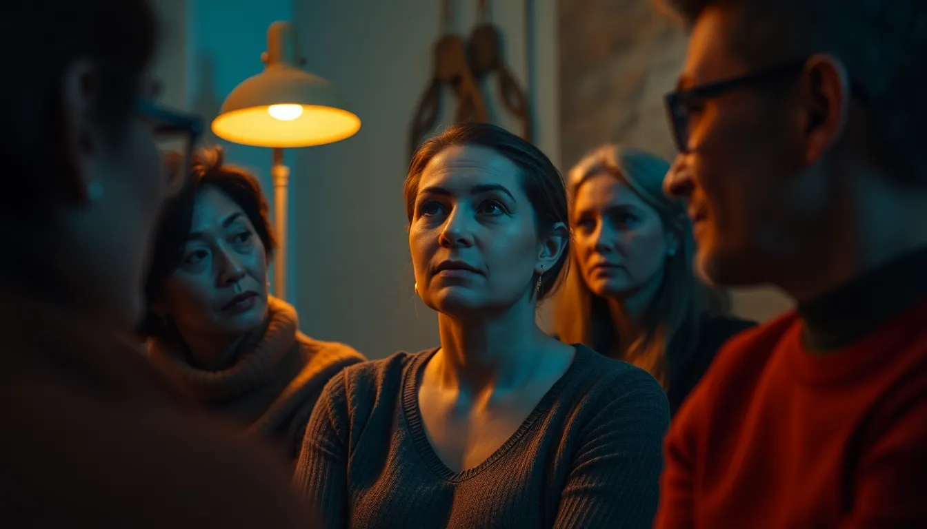 This image encapsulates a moment from a group therapy session, focusing on a woman sharing her story. The warm glow of a desk lamp illuminates her, creating an inviting and intimate atmosphere. Participants are engaged and attentive, reflecting the supportive environment essential for mental health discussions. The cinematic color grading enhances emotional depth, portraying the connection and vulnerability shared in the room.