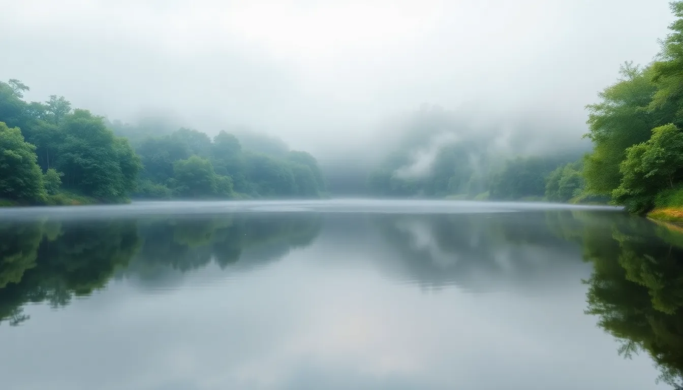 This serene image captures a tranquil lake at dawn, surrounded by vibrant greenery and gentle mist rising from the water. The symmetrical reflection in the calm surface adds to the sense of peace, while the soft greens and blues create a relaxing color palette. This scene symbolizes mental health wellness, encouraging viewers to connect with nature for tranquility and reflection.