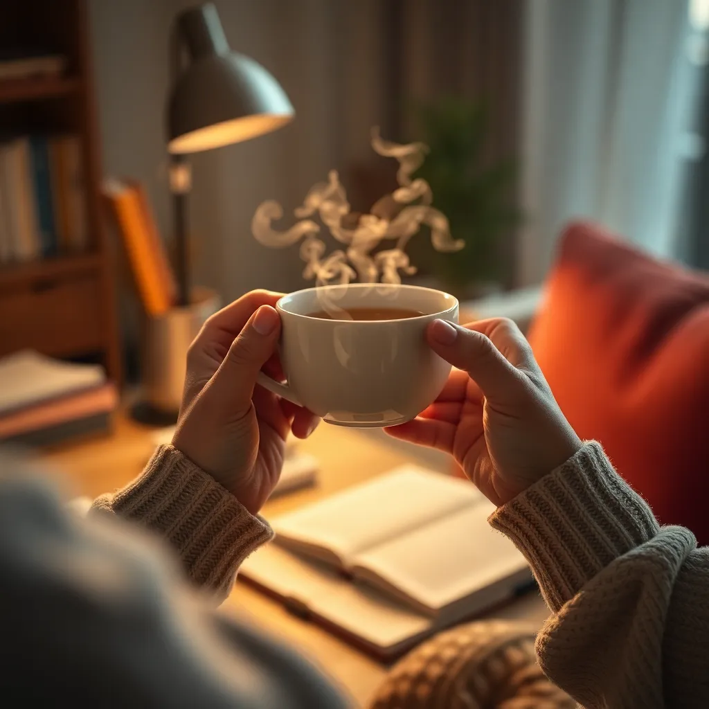 Therapist Holding a Cup of Tea This close-up image showcases a therapist's hands delicately holding a steaming cup of tea in a warm, inviting office, symbolizing comfort and healing. The soft tungsten lighting creates a cozy ambiance, while the blurred background emphasizes the rich details of the hands and cup. The warm color palette enhances the sense of safety and tranquility, inviting viewers to appreciate the soothing moments often shared in therapy. This image reflects the nurturing aspects of mental health support.