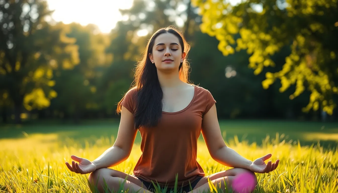 Meditation in a Serene Park This tranquil image captures a young woman meditating in a sun-drenched park, embodying mindfulness and peace. The warm rim light from the golden hour enhances her serene expression, while the lush green background melts into a soft blur. The composition focuses on her centered form, surrounded by nature, inviting viewers to reflect on their mental health. This perfect moment of calm and clarity uses earthy colors and natural textures to evoke a feeling of tranquility.