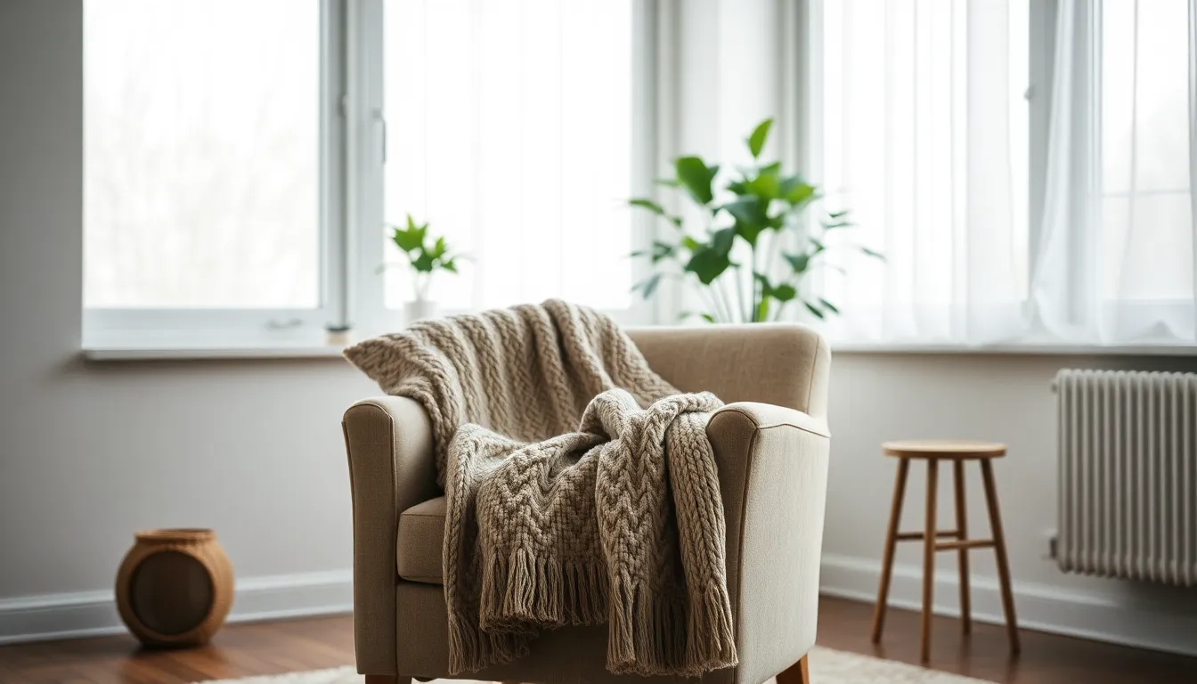 This image depicts a tranquil therapy room designed for mental health sessions. A plush armchair with a cozy knitted throw dominates the scene, illuminated by soft, diffused daylight filtering through large windows. The natural muted colors create a serene ambiance, vital for creating a calming environment for therapy. The carefully arranged composition draws the viewer's eye to the inviting seat, enhancing feelings of comfort and safety.