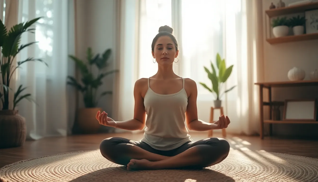 This image captures a woman engaged in mindfulness practice, set in a tranquil sunlit room. Dappled light filters through sheer curtains, creating a warm atmosphere. The focus is on her peaceful expression and serene pose, with a soft color palette that complements her natural skin tone. The inviting environment includes lush indoor plants, enhancing the overall sense of calm and focus.