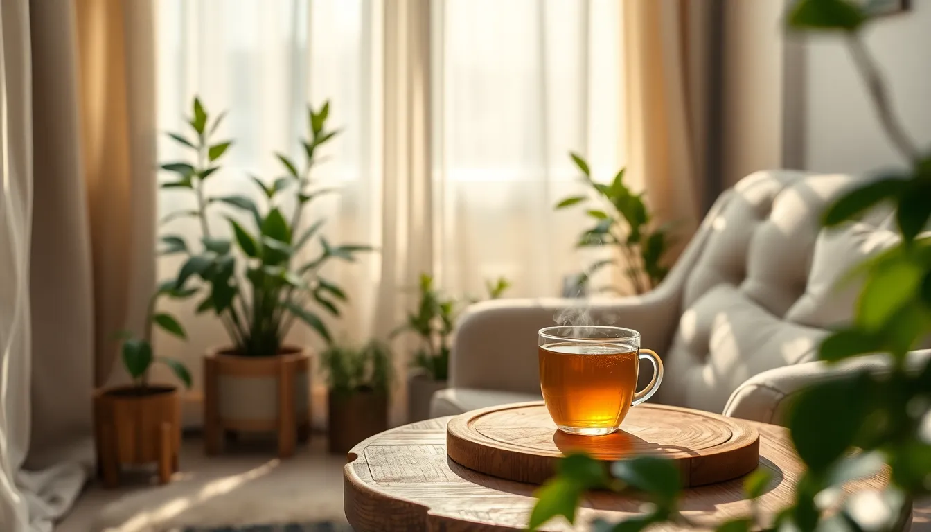 This image captures a serene self-care corner designed for mental wellness. A cozy armchair is bathed in soft morning light, with a steaming cup of herbal tea resting on a wooden table. The pastel color palette and natural textures promote a calming environment, while lush plants add life and tranquility. Perfectly composed to invite relaxation and self-reflection, this scene embodies the essence of mental health care.