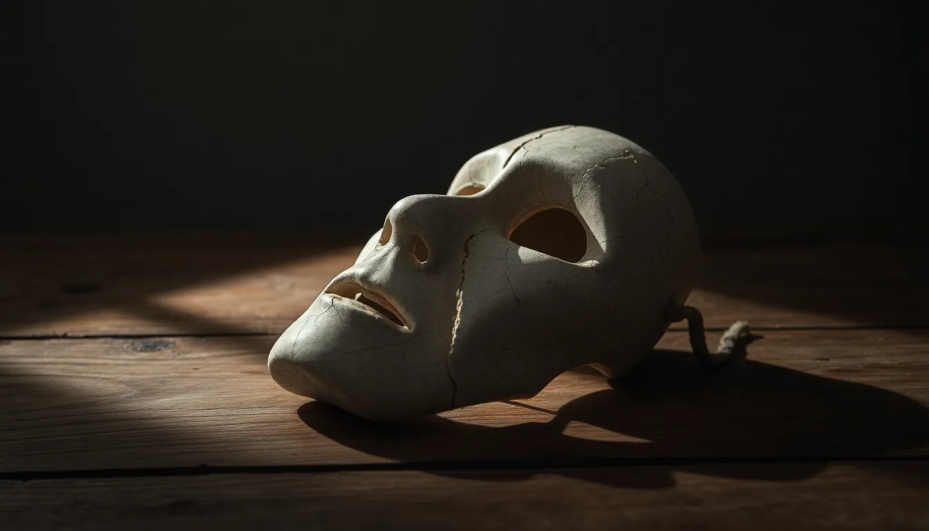 This image artistically represents the fragility of mental health through a cracked ceramic mask placed on a weathered oak table. The dramatic lighting enhances the mask's detailed texture while deep shadows create depth and contrast. The muted color palette evokes a sense of sadness, reflecting the struggles many face. The sophisticated composition draws attention to the cracks, symbolizing the vulnerabilities in mental well-being.