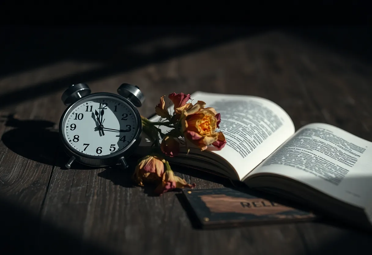 Symbolic Still Life of Time and Healing This evocative still life image encapsulates the themes of time and healing through the arrangement of a broken clock, wilted flowers, and an open book. The dramatic lighting and deep shadows create a moody atmosphere, inviting viewers to reflect on the complexities of mental health. The selective focus emphasizes the key elements, while the muted earth tones enhance the contemplative mood. This symbolic composition tells a story of loss and the journey towards recovery, creating a striking visual narrative.