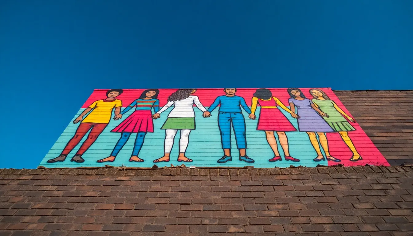 This artistic image showcases a vibrant mural painted on a brick wall, depicting diverse figures holding hands to symbolize unity and mental health advocacy. Shot from a low angle, the colorful artwork stands out against the clear blue sky, emphasizing its grandeur. The contrasting colors and textures draw attention to the importance of diversity and inclusion in mental health discussions, making it a striking representation of community support.