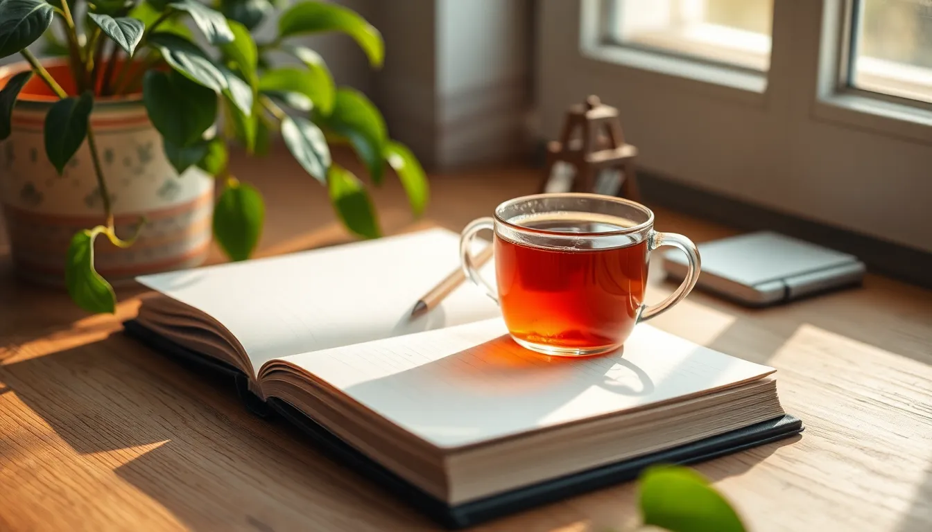 This image presents a cozy workspace designed for reflection and inspiration, featuring an open notebook beside a steaming cup of herbal tea. Natural daylight streams in, enhancing the warm tones of the scene. The inviting setup encourages creativity and mental clarity, emphasizing the importance of calming environments for mental health. Lush green plants add a refreshing touch, promoting a sense of tranquility and creativity.