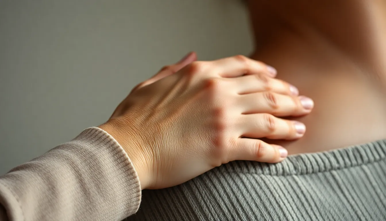 This intimate close-up captures the touching moment of a therapist's hand resting on a client's shoulder, symbolizing support and empathy. The soft Rembrandt lighting highlights the gentle contours and textures of their skin, creating a warm and inviting feel. The shallow depth of field draws focus to the connection, while the rich earthy tones enhance the overall emotional depth of the scene. This image resonates with themes of care and understanding within mental health support.