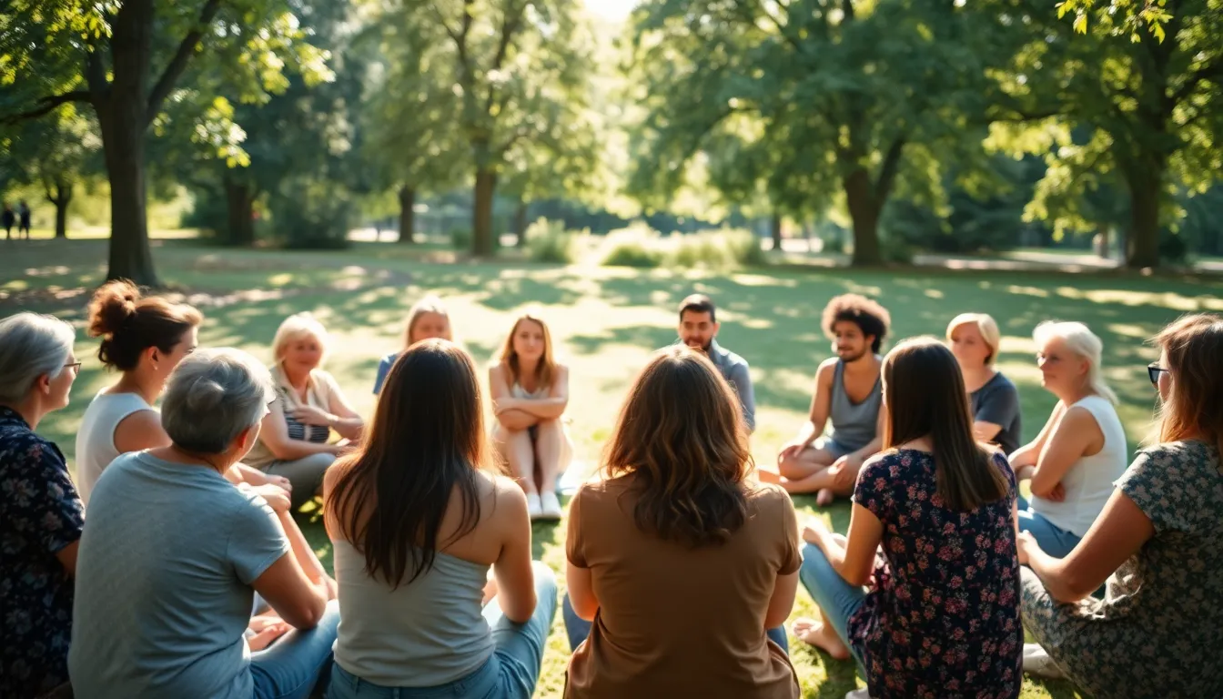 Outdoor Group Therapy Session In this vibrant outdoor scene, a group therapy session is portrayed, highlighting the importance of community support in mental health. The diverse participants sit in a circle, sharing their thoughts in a warmly lit environment, surrounded by nature. The dappled sunlight enhances the rich greens and creates a sense of openness, symbolizing healing and connection. This powerful image captures the essence of collective healing and support, inviting viewers to appreciate community in mental wellness.