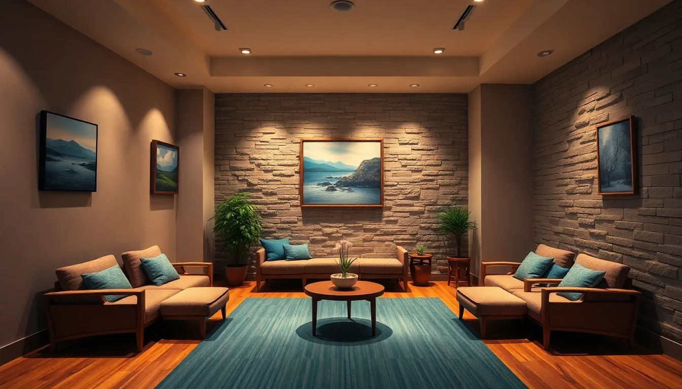 Therapy Room for Mental Wellness A beautifully arranged therapy room designed for mental wellness, featuring plush seating and calming artwork. The room is bathed in soft overhead lighting, creating a warm and inviting ambiance. The textured stone wall adds depth to the scene while rich colors dominate the artwork, evoking serenity. This space encourages reflection and healing, making it ideal for therapeutic conversations.