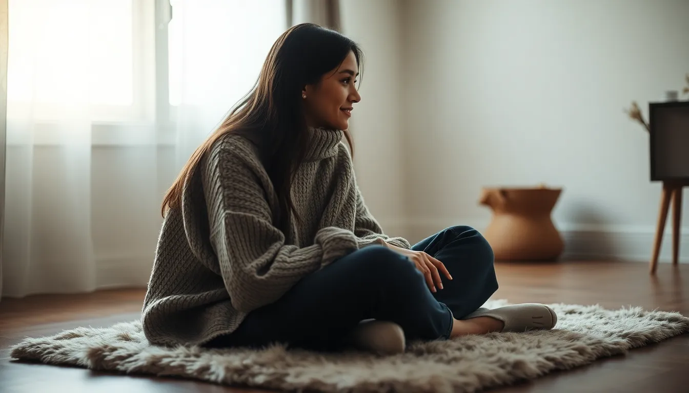 Woman Meditating in Calm Indoor Space A serene indoor scene featuring a young woman practicing mindfulness and meditation. Bathed in soft morning light, she sits cross-legged on a plush rug, radiating tranquility and warmth. The natural muted colors and inviting textures create a soothing atmosphere, emphasizing mental well-being. The image captures both vulnerability and strength, perfect for illustrating themes of mental health and wellness.
