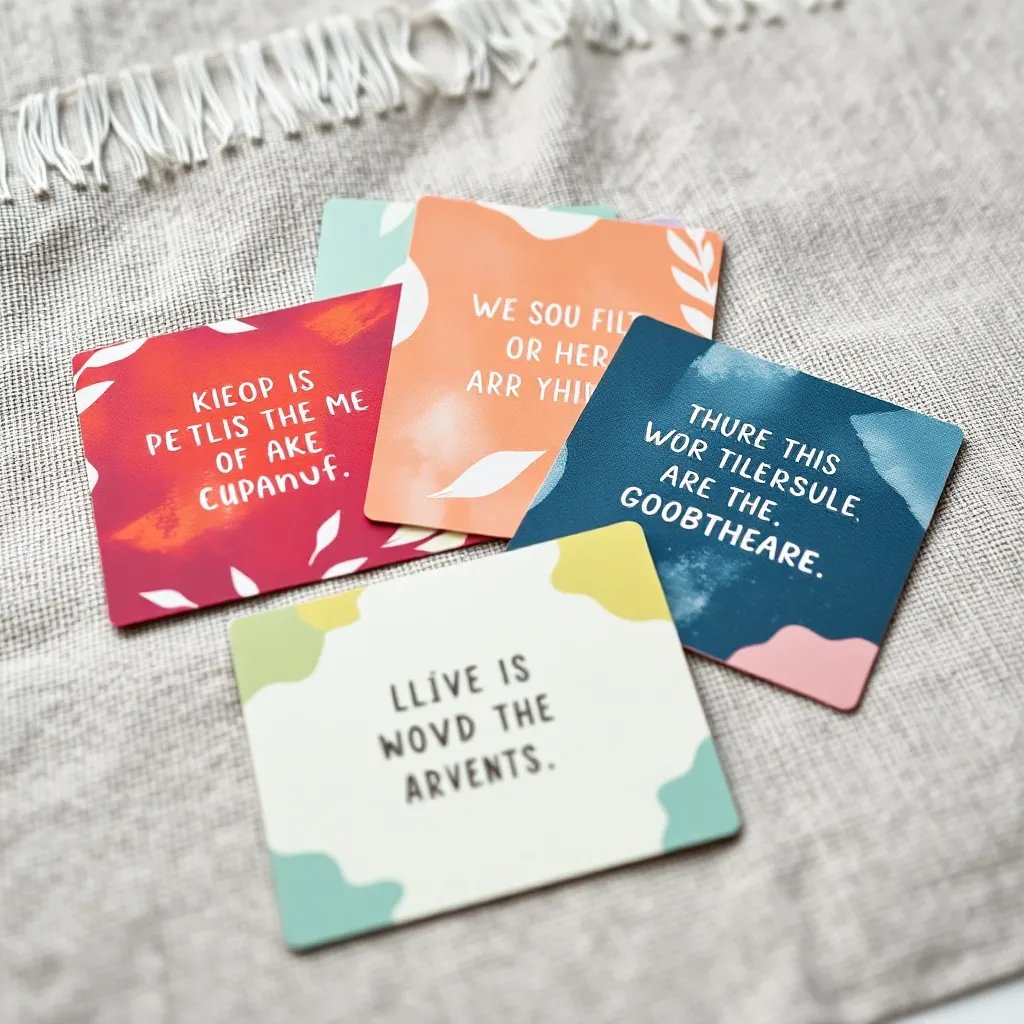 This close-up image features a collection of colorful affirmation cards spread on a textured linen fabric. Each card showcases vibrant prints and uplifting quotes, designed to inspire positivity and self-love. The high detail captures the intricate textures of both the fabric and the cards, inviting viewers to explore the therapeutic power of positive affirmations in mental health care.