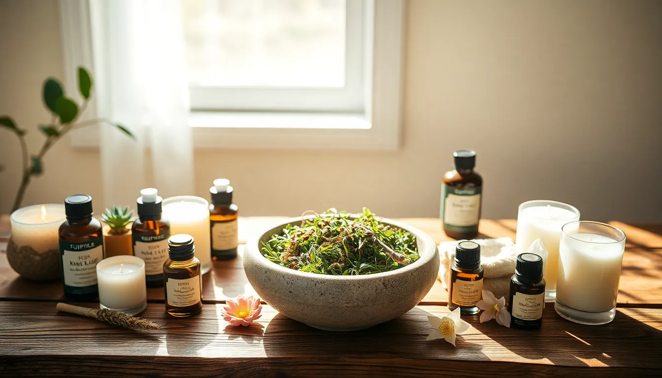 Wellness Products for Mental Care An artistic composition showcasing an array of wellness products designed for self-care. The rustic wooden table is adorned with aromatic herbs, essential oils, and candles. Beautifully arranged under soft natural light, the scene evokes a sense of tranquility and rejuvenation. The pastel colors and rich textures of the items invite the viewer to embrace mental health through self-care practices.