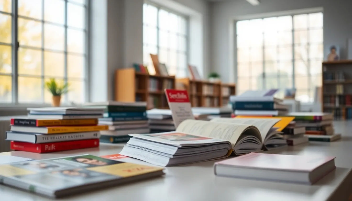 Mental Health Resources on Display In this vibrant composition, a thoughtfully arranged collection of mental health resources is showcased on a minimalist white table. The natural lighting from nearby windows enhances the colors of books and pamphlets, inviting exploration and engagement. The shallow depth of field ensures focus on the materials, while the textures of paper and binding are clearly visible, conveying a sense of accessibility and support in the mental health journey.