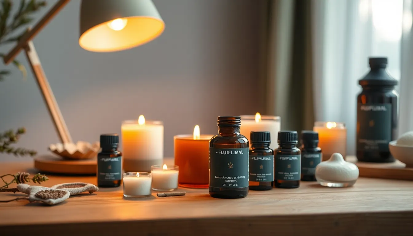 An aesthetically pleasing arrangement of self-care products, including essential oils and candles, sits atop a natural wood surface. Warm light from a tungsten lamp creates an inviting glow, while the muted colors promote a sense of calm. This close-up reveals the textures of the products, emphasizing the importance of self-care in maintaining mental health.
