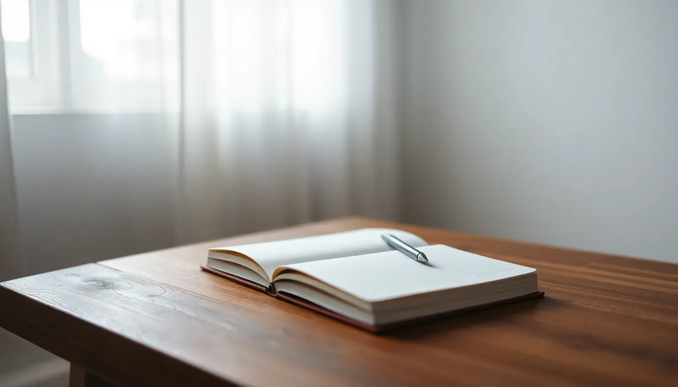 Therapy Journal on Minimalist Table An inviting scene of a therapy journal beautifully placed on a wooden table in a serene, minimalist room. The soft diffused daylight filtering in enhances the peaceful mood, creating a calm atmosphere for reflection. The journal's detailed texture contrasts with the smoothness of the table, emphasizing its significance in mental wellness practices. The overall design encourages introspection and tranquility.