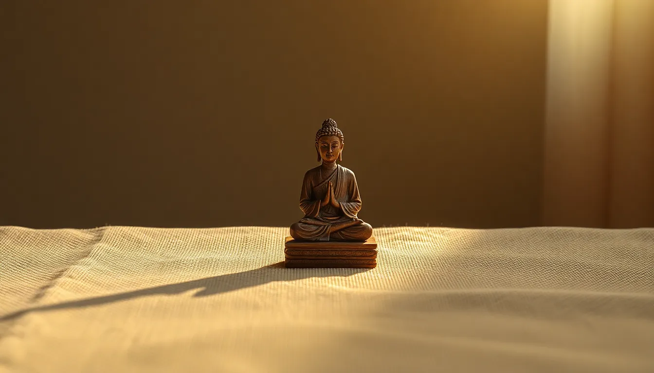 Mindfulness Sculpture Detail An intimate and detailed view of a wooden sculpture representing mindfulness, placed on a soft linen background. The warm rim lighting highlights the sculpture's intricate craftsmanship, creating a sense of peace. Sharp focus across the image ensures every detail is visible, while the muted color palette evokes a calming atmosphere, suitable for representing themes around mental health.