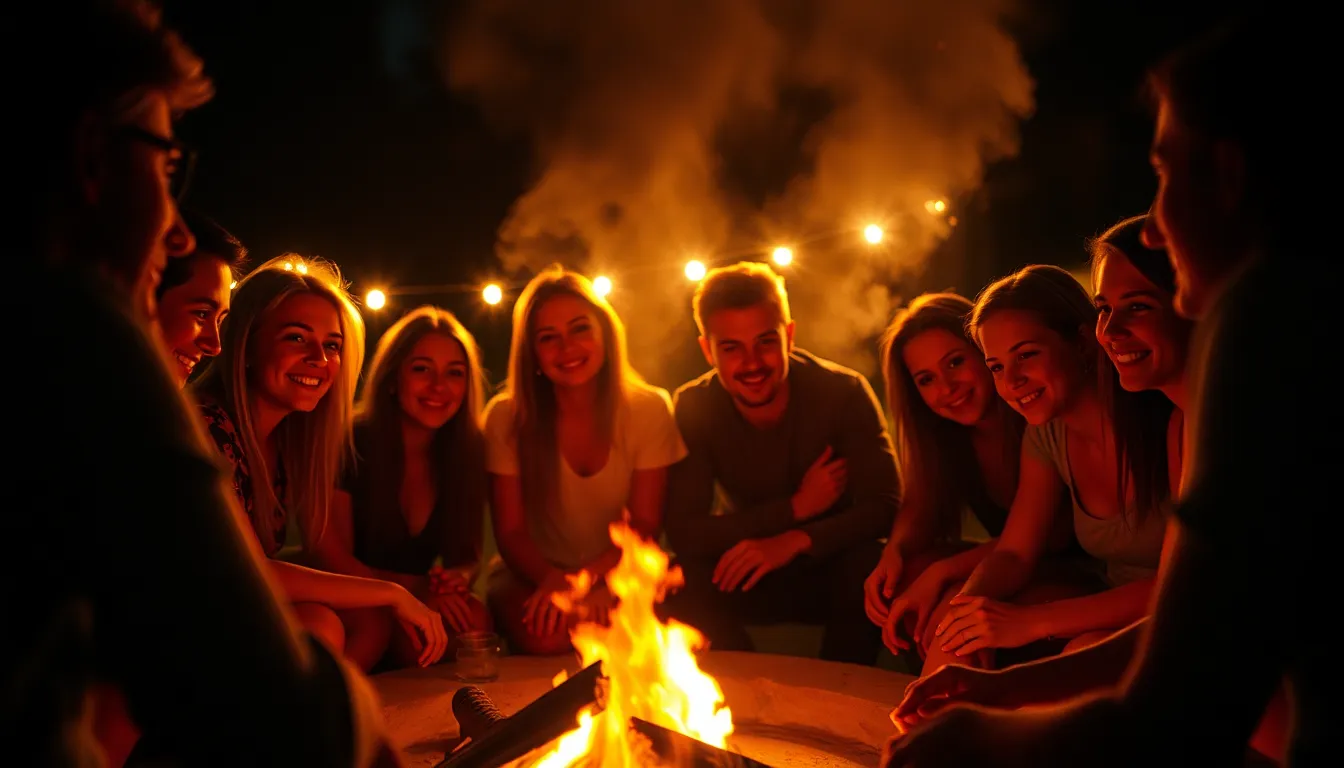 Connection Around the Fire A heartfelt scene of friends gathered around a fire pit during a cozy evening. The flickering flames cast warm shadows across their faces, enhancing the bond shared among them. The shallow depth of field focuses on the laughter and connection, while the warm Kodak Portra color palette adds a soft, nostalgic feel to the image, celebrating camaraderie and mental wellness.