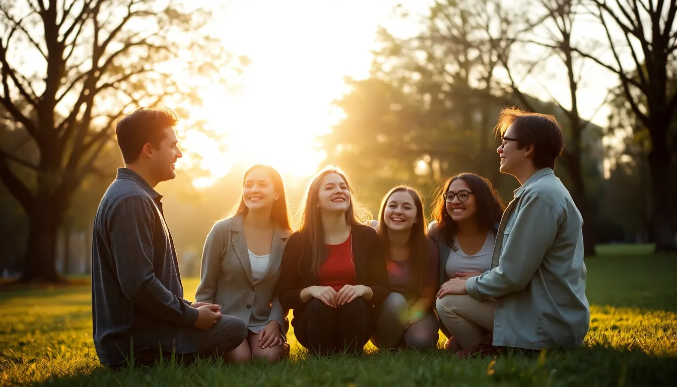 Friends Connecting in Nature A heartwarming scene of friends deeply engaged in conversation during golden hour in a lush park. The warm backlighting creates a beautiful halo effect around them, enhancing their joyful expressions. The surrounding trees provide natural leading lines that draw the viewer's attention to the group, while the soft pastel bokeh in the background emphasizes their connection. Each friend wears vibrant, textured clothing, and the rich green grass adds to the inviting atmosphere.