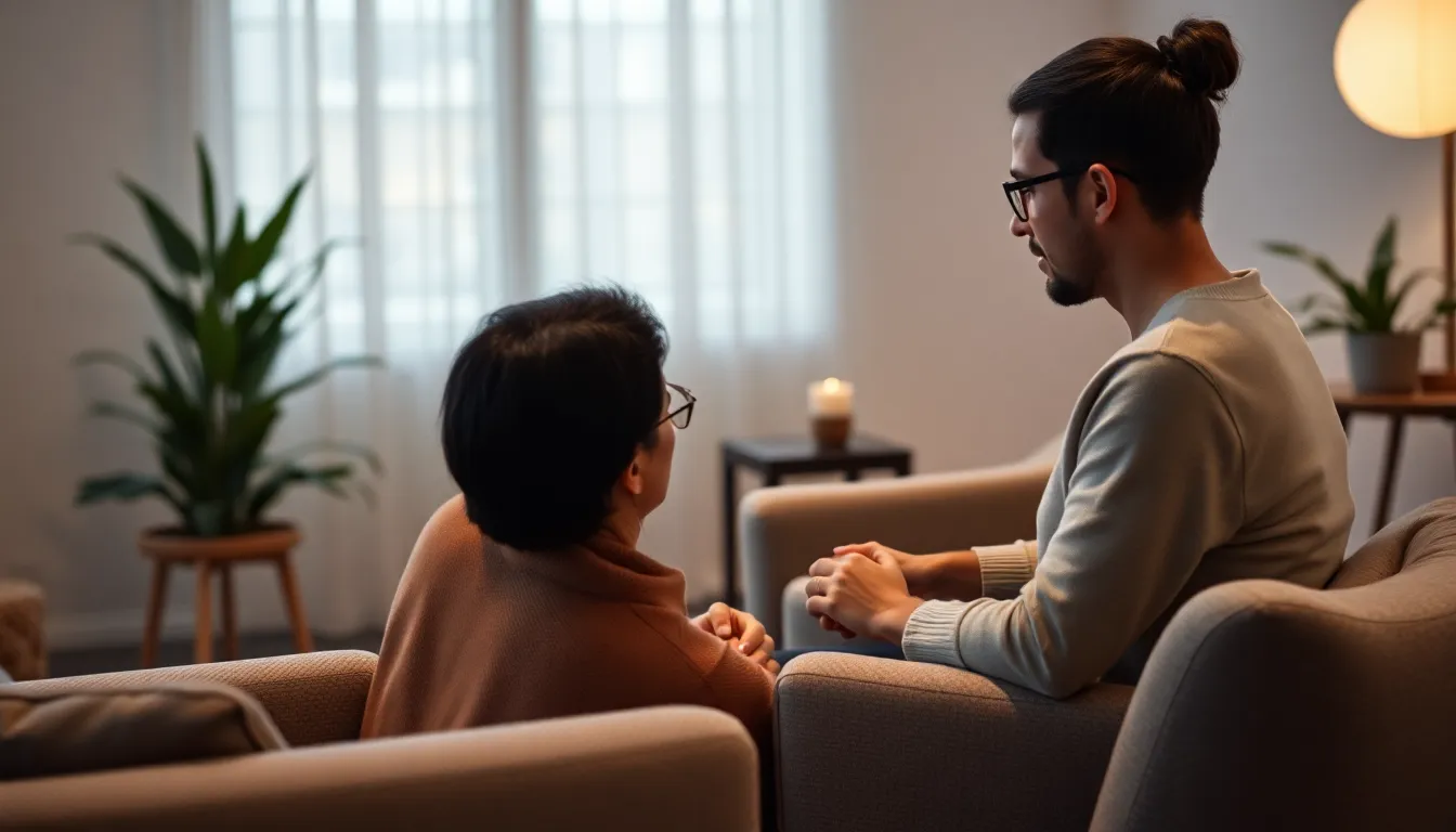 Therapist and Client in Counseling Session This intimate image captures a moment between a therapist and client in a contemporary therapy room. Soft ambient lighting and cozy furnishings create a reassuring environment, allowing for open conversation about mental health. The warm color tones and focused depth of field emphasize the emotional connection between the two, highlighting the importance of therapeutic relationships in mental well-being.