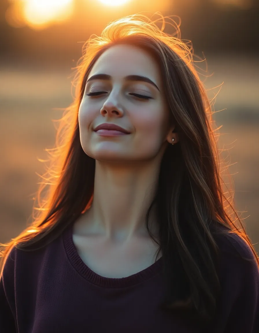 This intimate portrait features a young woman deeply engaged in mindfulness meditation during the golden hour. Soft, warm light envelops her, highlighting her peaceful expression and creating a serene atmosphere. The colorful tones resonate with tranquility, while the gentle bokeh background enhances the focus on her calm demeanor. This image beautifully encapsulates the essence of mental health through mindfulness practices.
