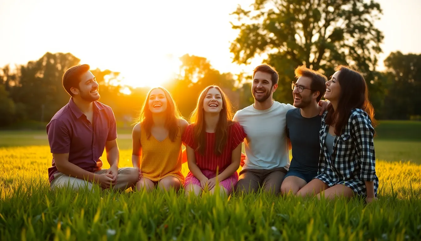 Friends Enjoying Time Together in Nature A vibrant outdoor scene depicting a group of friends enjoying each other's company in a sunlit park. The warm light of the golden hour casts a cheerful glow on their faces as they share laughter and stories. This lively capture is a celebration of friendship and mental well-being, framed by lush trees and glistening grass. It conveys the importance of social connections in supporting mental health.