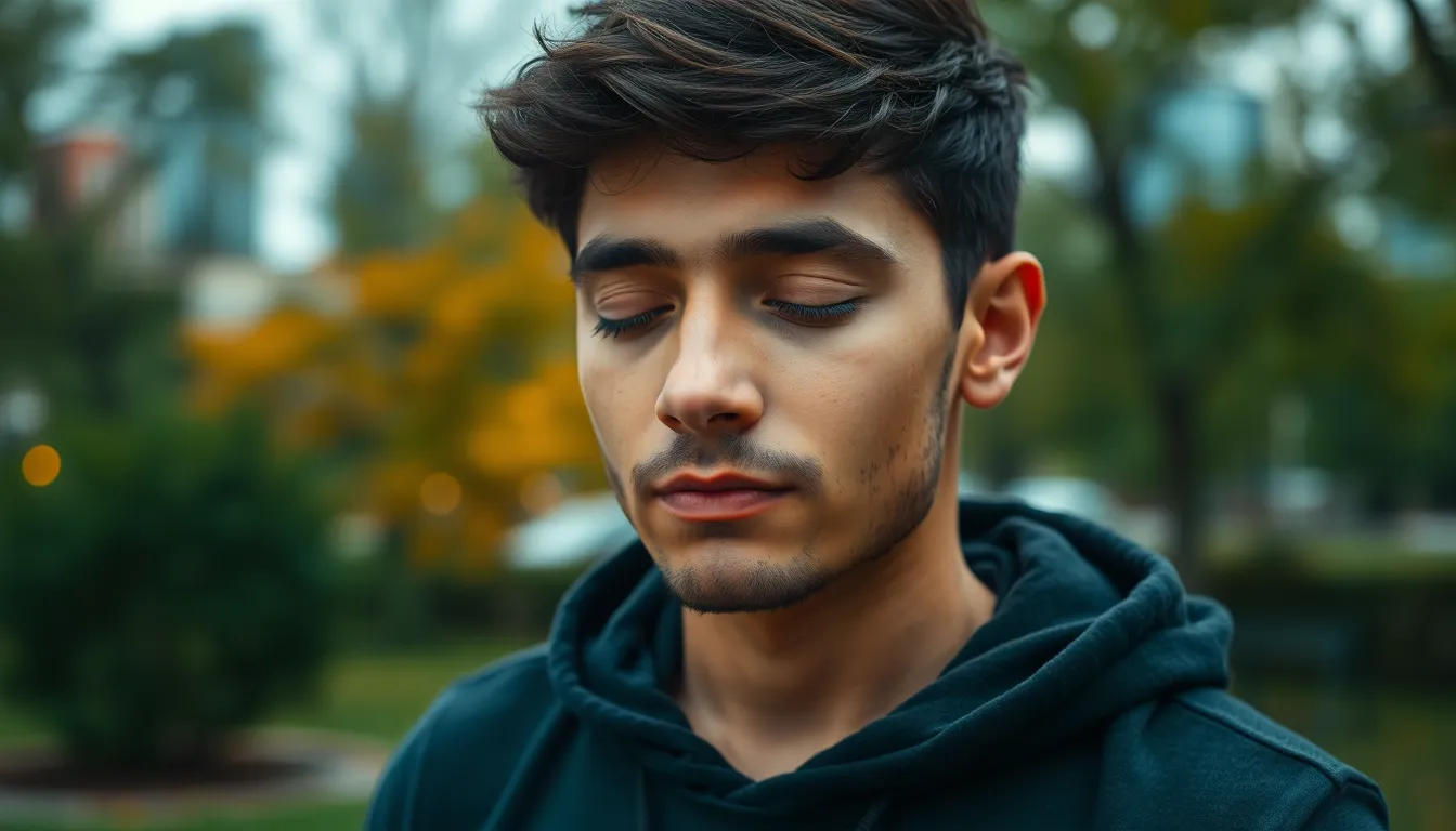 This image features a young man deep in meditation within a tranquil urban park, framed by soft overcast lighting. The selective focus highlights his calm expression and the lush greenery around him, while the cityscape in the background adds layers to the scene. The cinematic color grading evokes emotion, promoting concepts of mental wellness and the contrast between nature and urban life. This tranquil moment illustrates how meditation can provide peace amidst chaos.