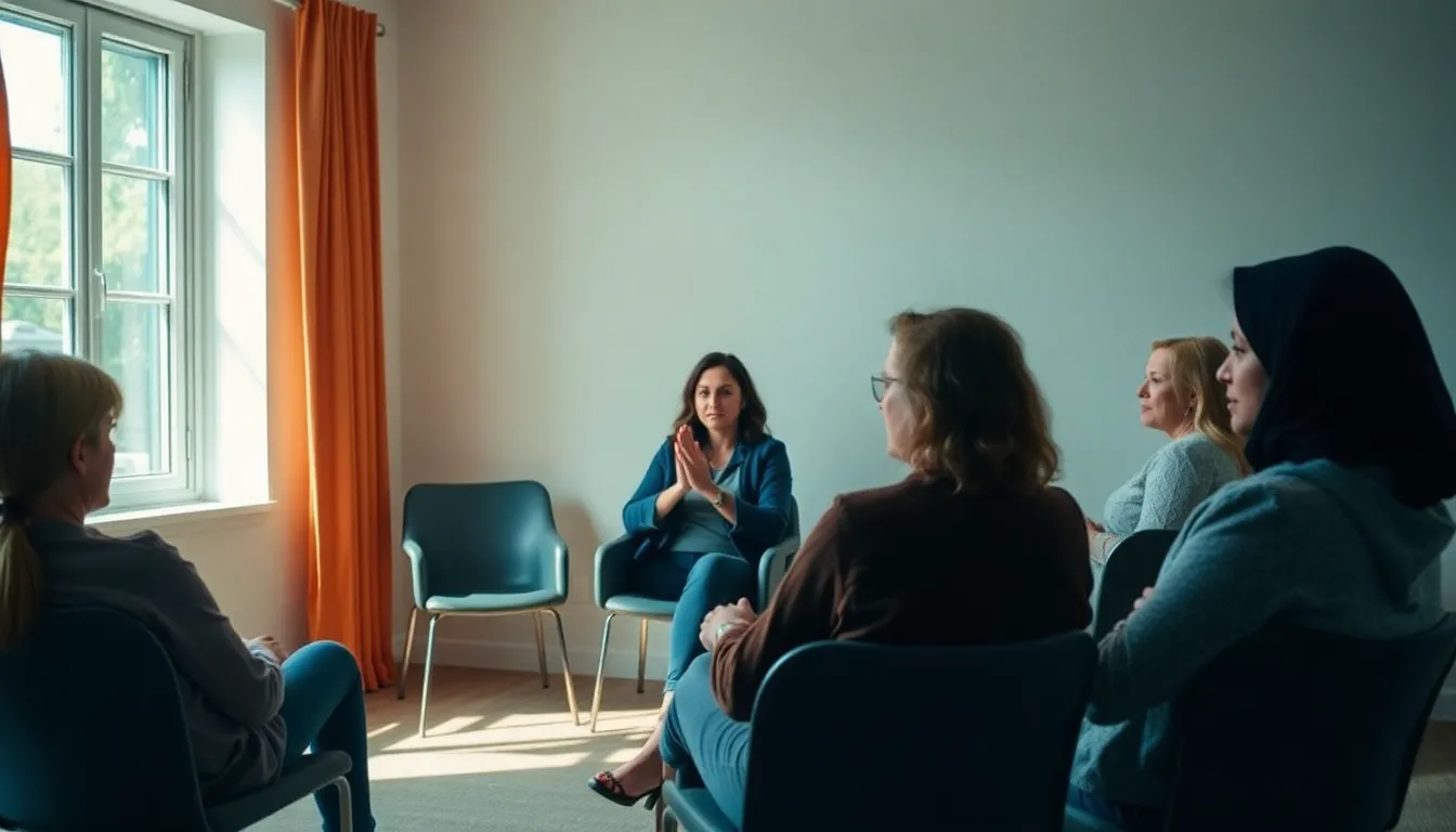 Group Therapy Session Fostering Connection This powerful image captures a group therapy session in progress, showcasing a circle of participants sharing their thoughts and feelings. The soft window light creates an inviting atmosphere, while the teal and orange color grading adds emotional depth. The facilitators and participants exhibit sincere expressions throughout the scene, representing connection and communal healing, with chairs creating leading lines toward the focal point.