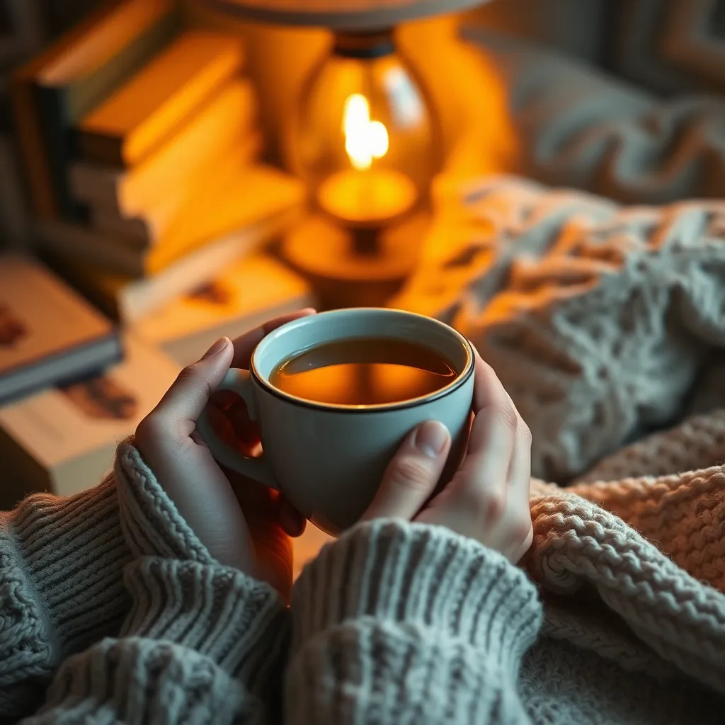 This close-up image presents a calming self-care moment, capturing hands cradling a steaming mug of herbal tea. The warm glow from the lamp reflects off the mug, creating an inviting atmosphere. This scene embodies the essence of relaxation, promoting the importance of self-soothing practices for mental health. The textures of the blanket and mug enhance the image's warmth and intimacy.