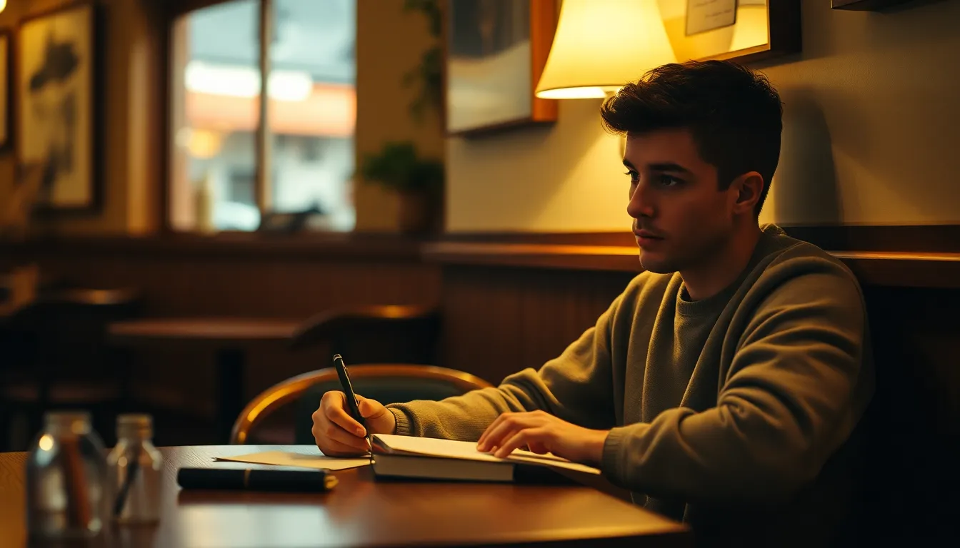 This cozy café scene captures a young man in deep thought as he journals his reflections. The warm tungsten light casts an inviting glow, highlighting the intricate textures of the wooden table while softening the surroundings. His focused expression portrays the therapeutic power of writing for mental clarity, creating a relatable and intimate portrayal of self-care amidst the bustle of café life.