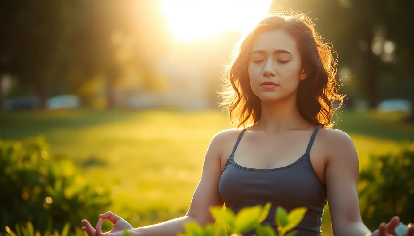 This image captures a young woman in a peaceful meditation pose in a park during golden hour. The warm backlighting beautifully highlights her silhouette, creating an inviting glow around her. Surrounded by lush greenery, the soft bokeh enhances the serene atmosphere, inviting viewers to connect with the moment of mindfulness and tranquility. The warm color tones emphasize a sense of calm and relaxation in nature.