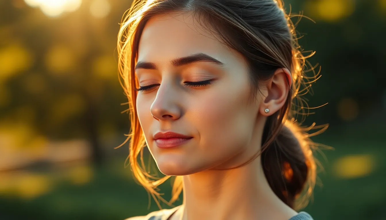 This image captures a tranquil moment of a young woman practicing meditation outdoors during golden hour. The warm light highlights her serene expression, creating a calming focal point in the frame. Surrounding greenery blurs into creamy bokeh, emphasizing the peaceful atmosphere. The composition draws the viewer's eye to her reflective state, conveying a message of mindfulness and mental wellbeing in connection with nature.
