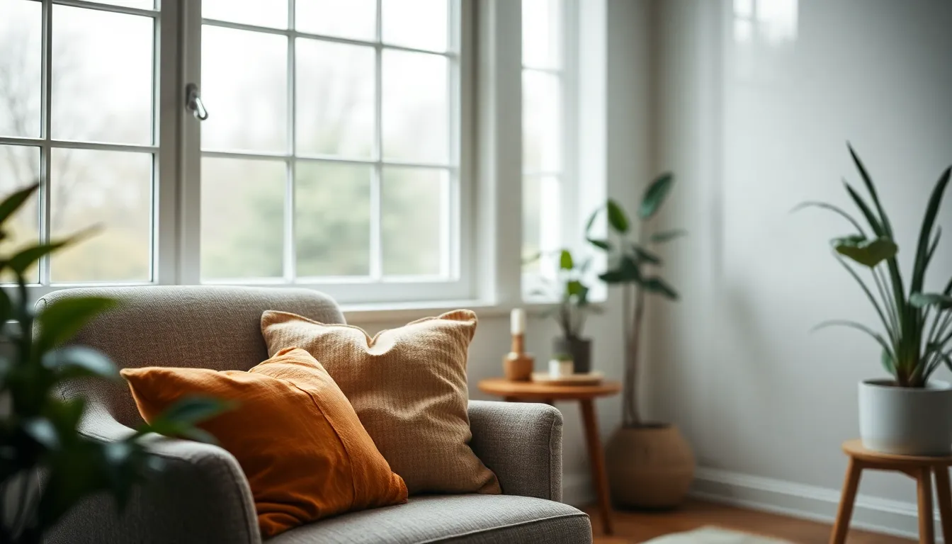 This serene therapist's office showcases a peaceful corner designed for mental wellbeing. Soft natural light filters through large windows, highlighting plush cushions and indoor plants. The warm wooden textures create a calming atmosphere, while the blurred background invites a sense of tranquility, perfect for therapy sessions. This setting embodies a nurturing space, promoting mental health awareness and comfort.