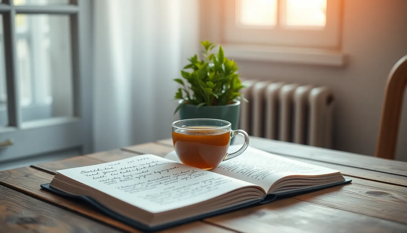 This image captures a tranquil indoor space designed for mental health reflection. A vibrant green plant sits on a rustic wooden table, complemented by an open journal and a steaming cup of herbal tea. Soft window light casts a warm glow, enhancing the serene atmosphere. The shallow depth of field blurs the background into soothing pastel colors, creating a peaceful ambiance perfect for relaxation and mindfulness.
