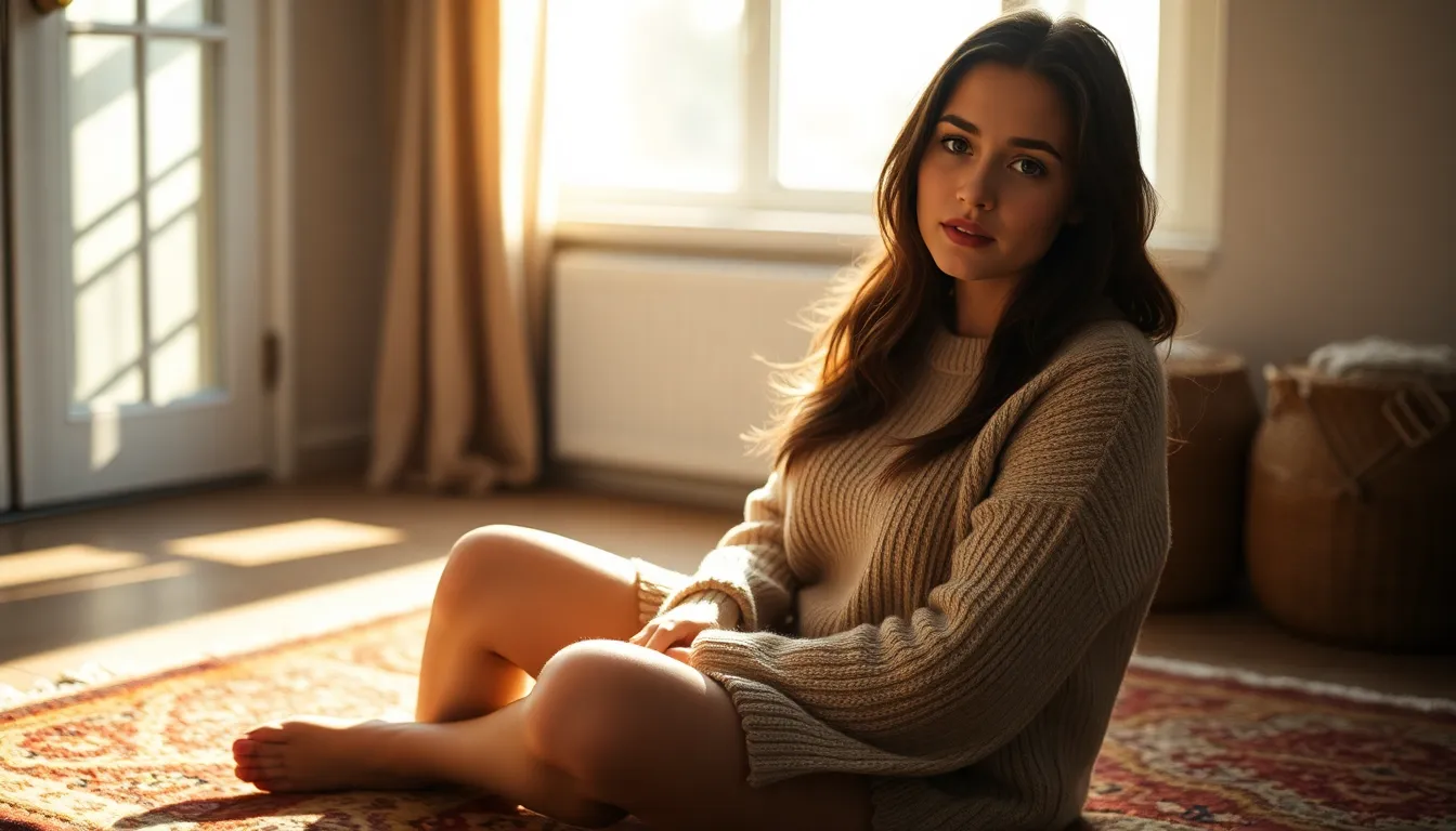 Young Woman Practicing Mindfulness in Cozy Space A serene scene of a young woman seated cross-legged on a warm textured rug, practicing mindfulness meditation. The soft morning light filters through the window, casting gentle patterns across her face, highlighting her peaceful expression. She wears a light cotton sweater, embodying warmth and comfort, while the background blurs into soft bokeh. The overall mood conveys tranquility and introspection, with earthy colors enhancing the calming atmosphere.