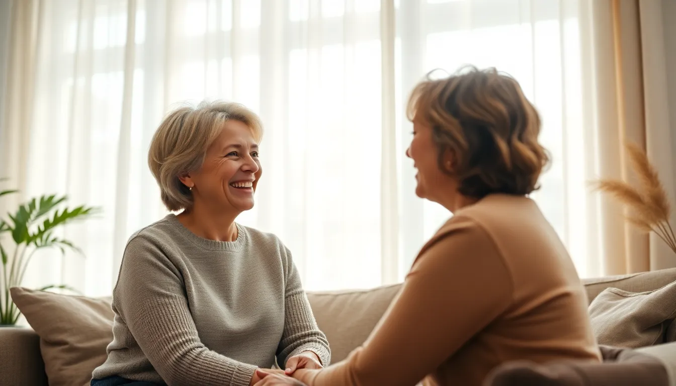 This image beautifully captures a candid moment between a therapist and client sharing smiles during their session. Bathed in soft daylight filtering through sheer curtains, the room exudes a warm and inviting ambiance. The shallow depth of field focuses on their expressions, creating an intimate atmosphere that fosters connection. The muted color palette reinforces the support and understanding present in this therapeutic interaction.