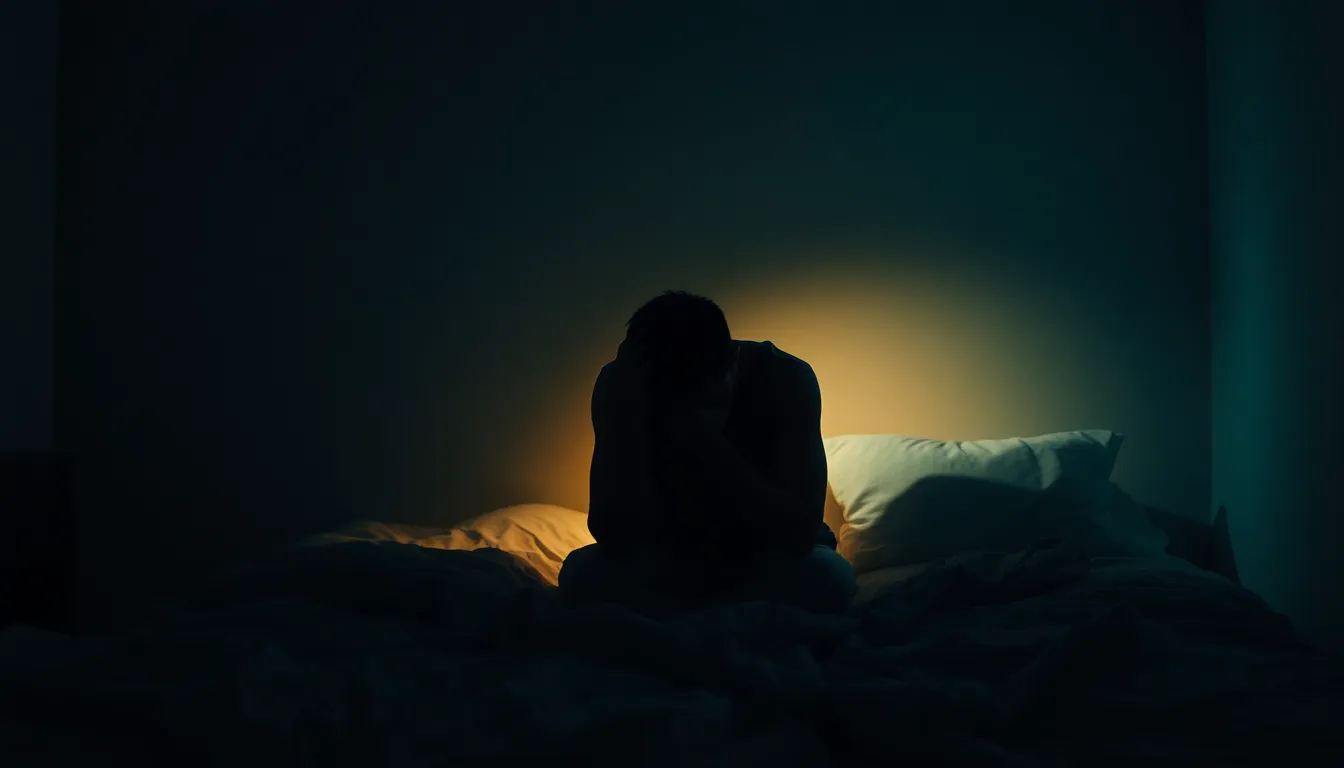 Man in Deep Thought on Bedroom Edge This evocative image captures a man sitting on the edge of his bed, lost in thought. The low-key lighting accentuates his silhouette, creating a stark contrast against the backdrop of shadows. The teal and orange color grading imparts a cinematic feel, while the rumpled bedding texture conveys a sense of realism and intimacy. It encapsulates the silent battles faced in mental health journeys.