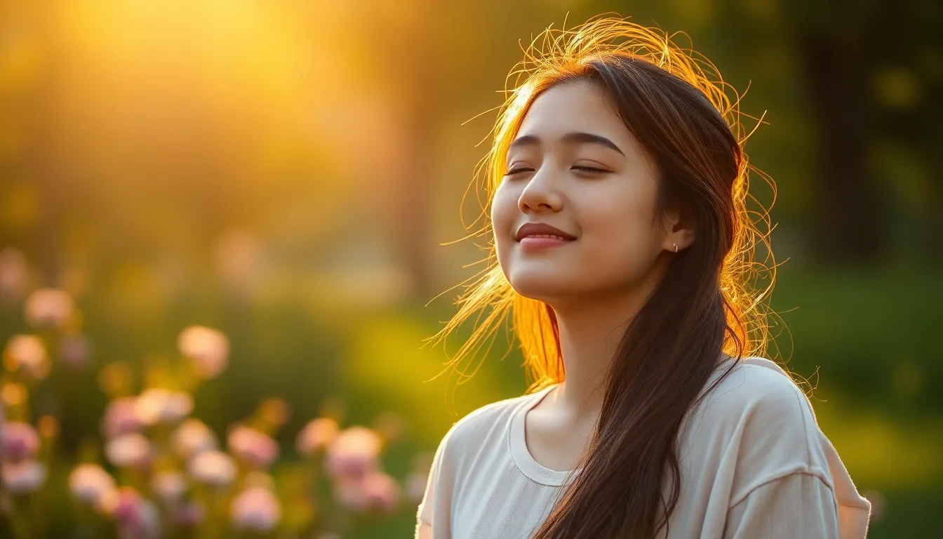 This image captures a young woman practicing mindfulness in a sun-drenched park. The warm golden hour light envelops her, showcasing her serene expression as she embraces the moment. Surrounded by vibrant flowers and lush greenery, the scene conveys a sense of peace and tranquility, perfect for promoting mental health awareness and the importance of nature therapy.