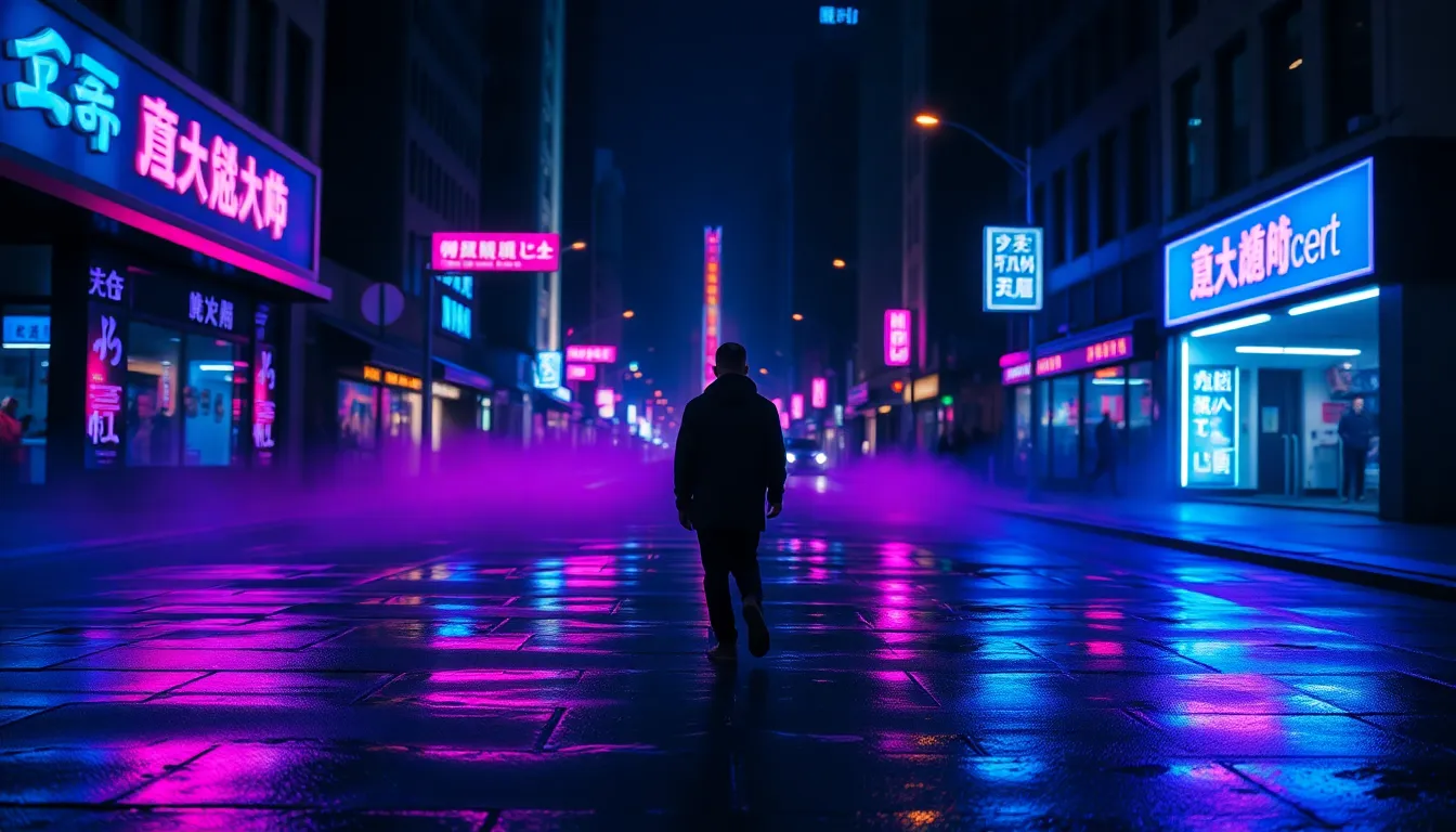This evocative image captures a solitary figure walking through a vibrant city street at night. The reflections of neon lights in puddles create an atmospheric backdrop filled with rich colors. The soft mist adds depth and enhances the feeling of introspection. This piece serves as a poignant reminder of the importance of mental health, even amidst the hustle and bustle of urban life.