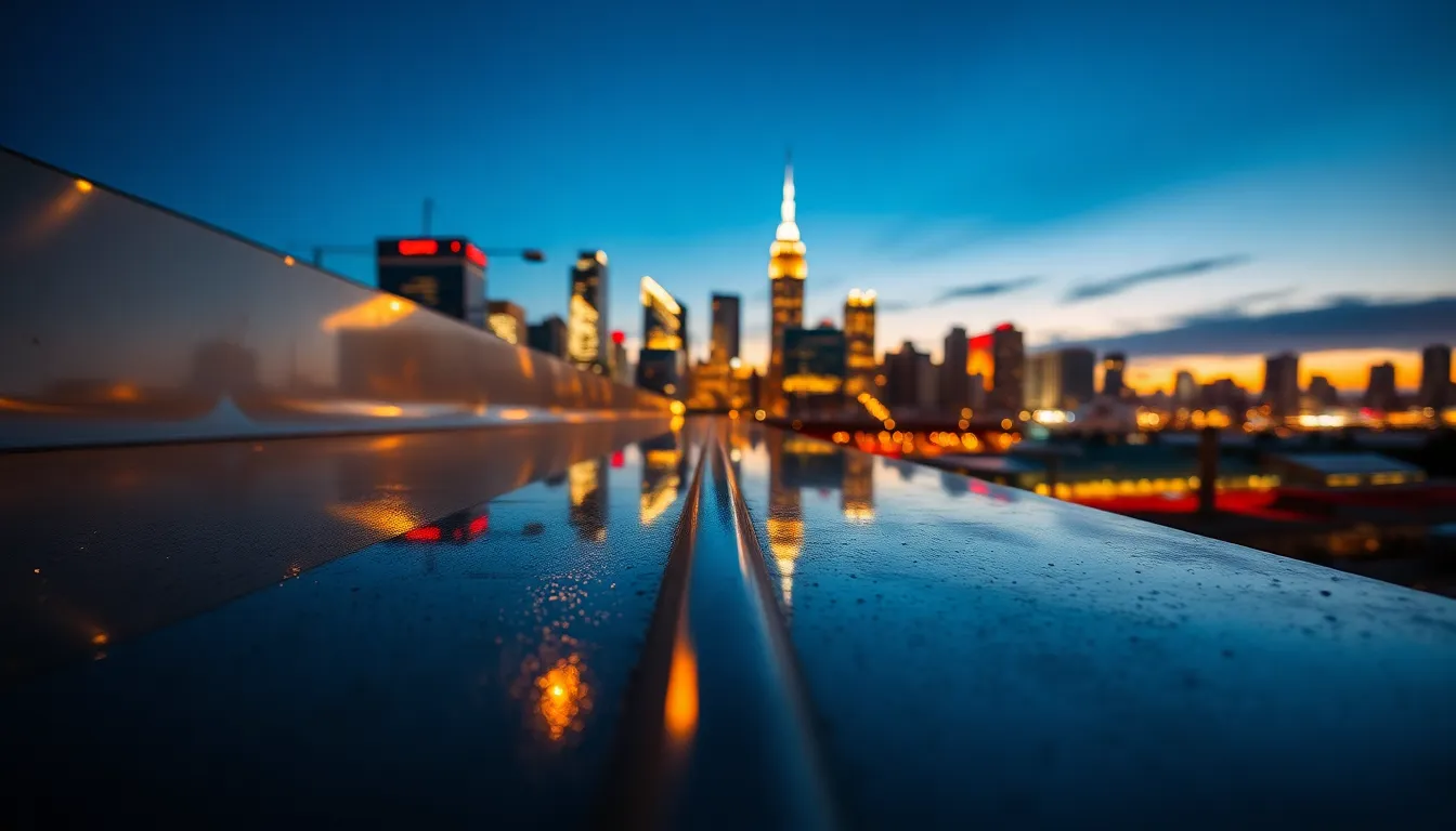 Polished Steel Reflecting City Skyline This dynamic image showcases a polished steel surface reflecting the vibrant skyline of a city at dusk. The rich blues of twilight are peppered with the warm glow of city lights, creating a stunning contrast. With a focus on the reflective quality of the metal, the composition draws the viewer's eye toward the distant horizon. It's a captivating portrayal of urban beauty interwoven with industrial elements.